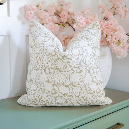 Floral Cotton Pillow in Olive Green