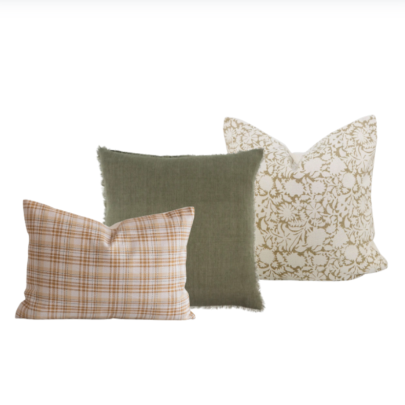 Farmhouse cushion collection
linen throw pillows
plaid cushions
plaid and floral cushion set
forest green 
cottage pillow collection